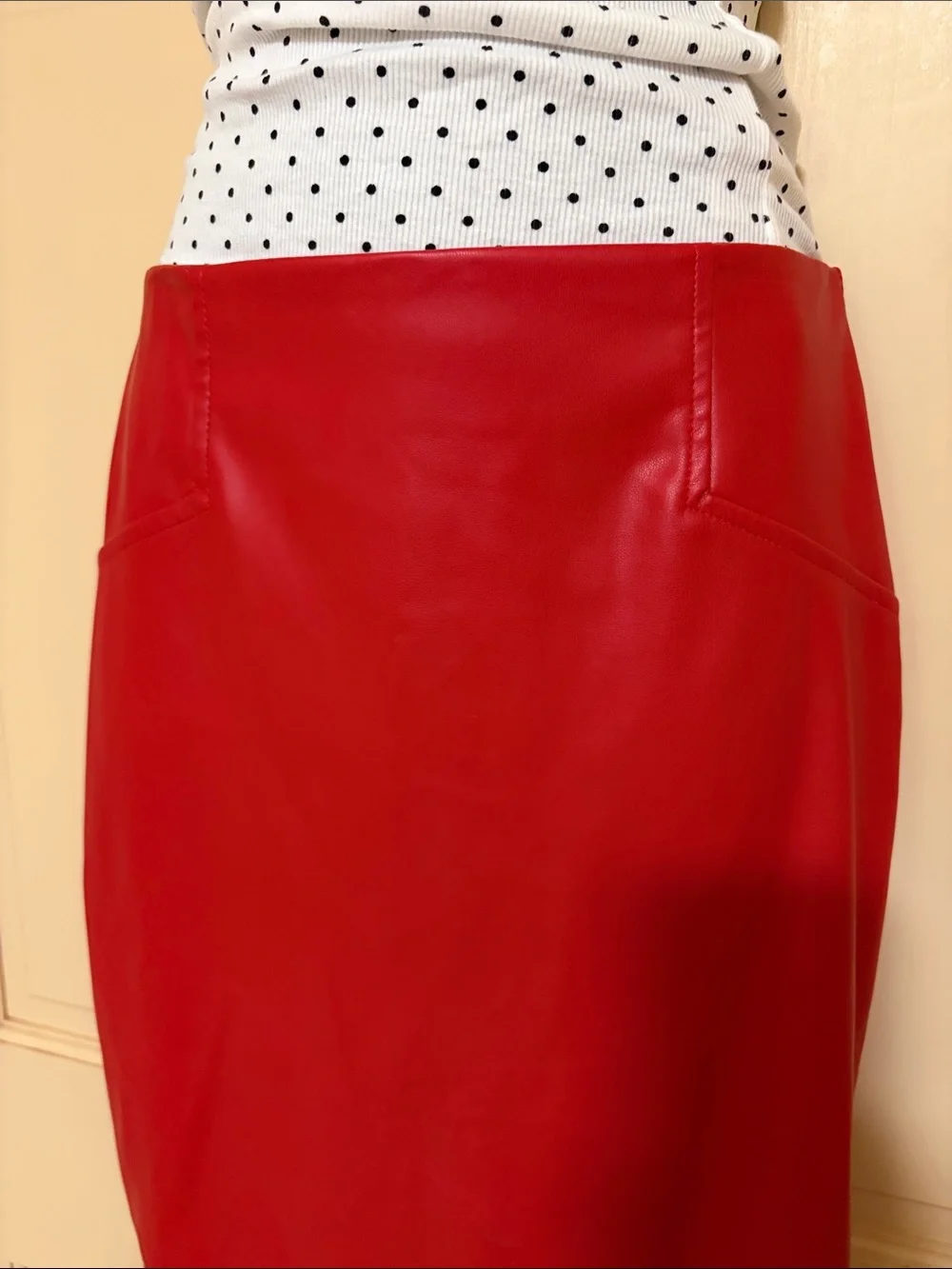Red Faux Leather Pencil Skirt - Women